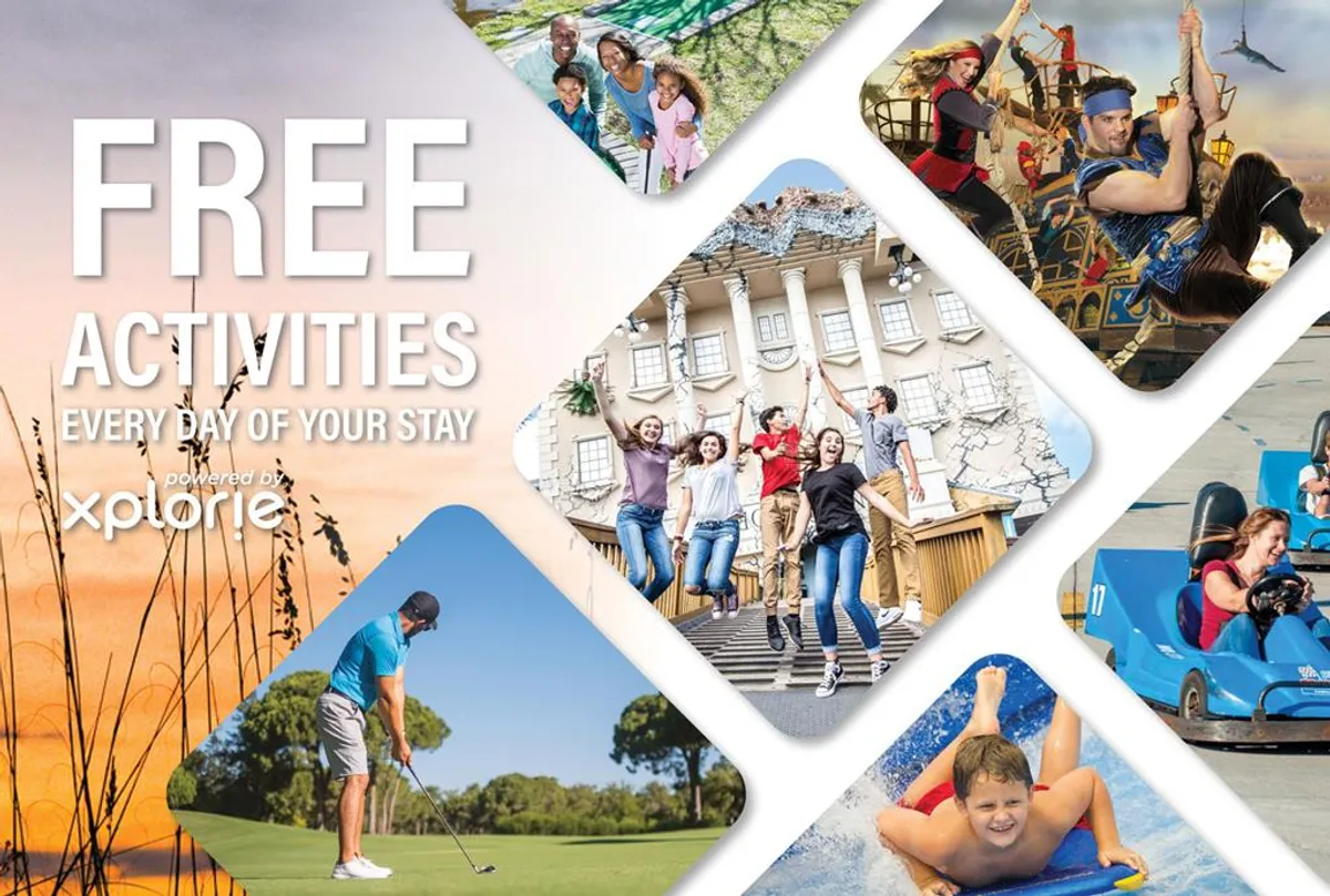 Families and groups enjoy various activities including golfing, water sports, and theme park rides. The area is bustling with energy and excitement, showcasing interactive attractions and fun-filled adventures for all ages.